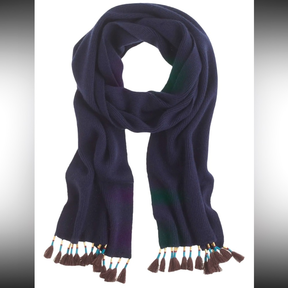 J.Crew Women's Wool Blend Tassel Scarf in Navy Blue w/ Brown Tassels
